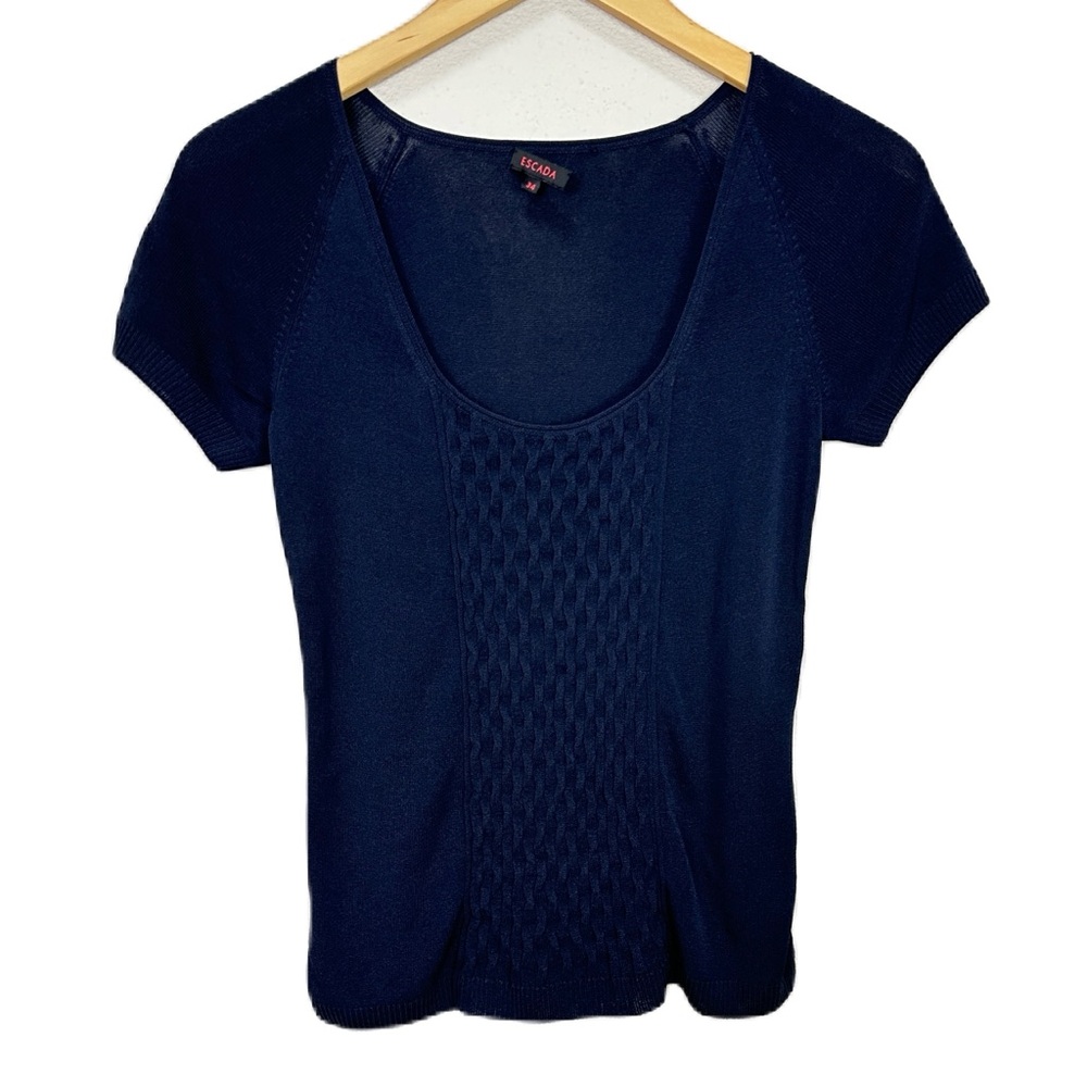 Escada Navy Blue Silk Blend Knit Short Sleeve Blouse Women’s Sz 34 UK / XS US